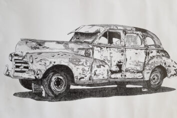 Art&design00028 A piece of artwork of a vehicle in black and white.