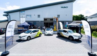 Three of the College's electric vehicles outside of the Valency building at Truro College