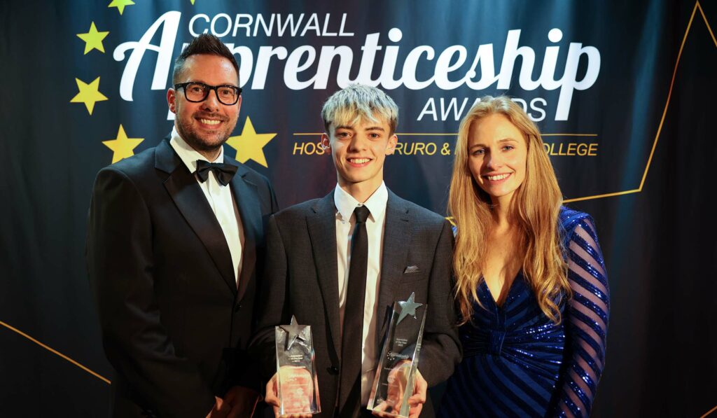 Neil Caddy and Holly Day from Pirate FM with Lucas Allen at the 2021 Cornwall Apprenticeship Awards