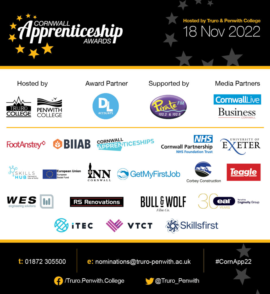 Sponsors, Partners and Supporters of the 2022 Cornwall Apprenticeship Awards