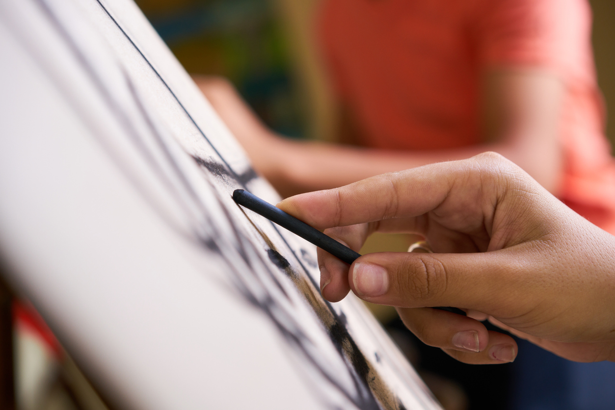 School of art, college of arts, education for group of young students. Man sketching for fun, student drawing for hobby. Close up of hand