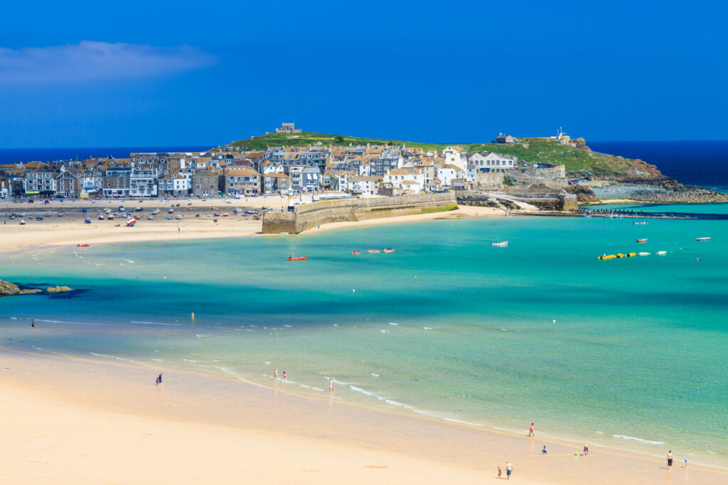 View overlooking Porthminster Beach St Ives Cornwall England UK