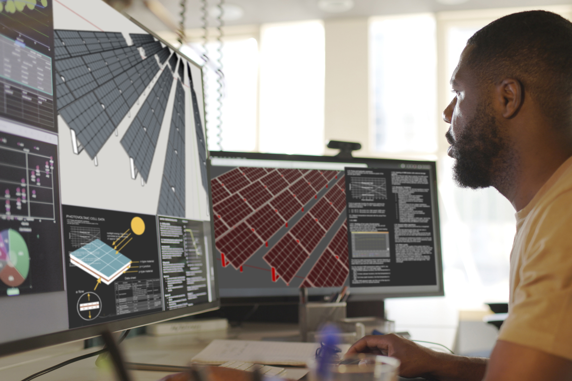 Close up stock image of an African American man working at a computer screen. He’s working on CAD software looking at the design of a solar panel array in CAD with data.