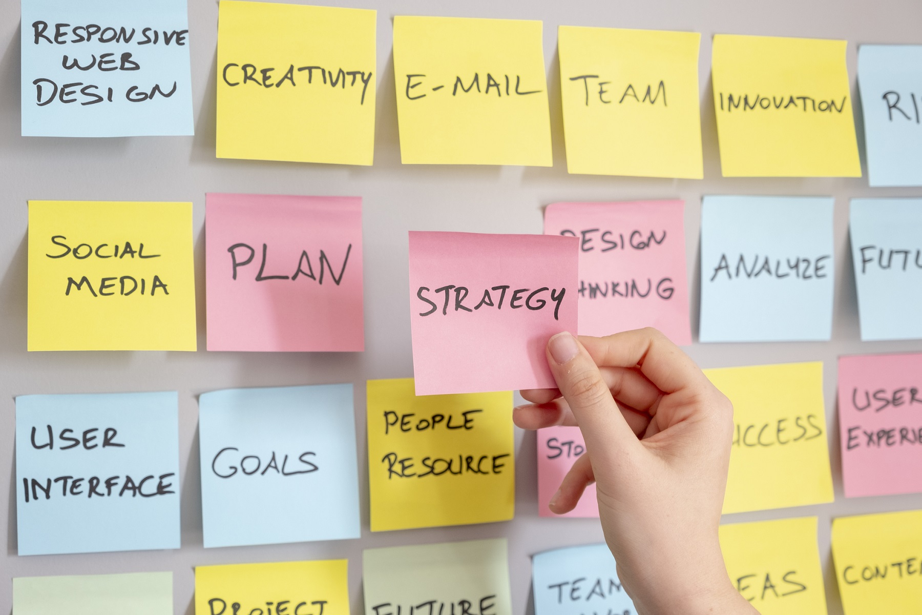 Brainstorming concept, Sticky Notes on gray wall.  Business strategies.