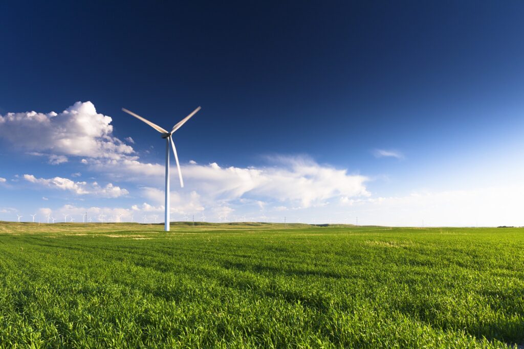 A wind turbine standing in a field. Many more turbines can be seen in the distance.