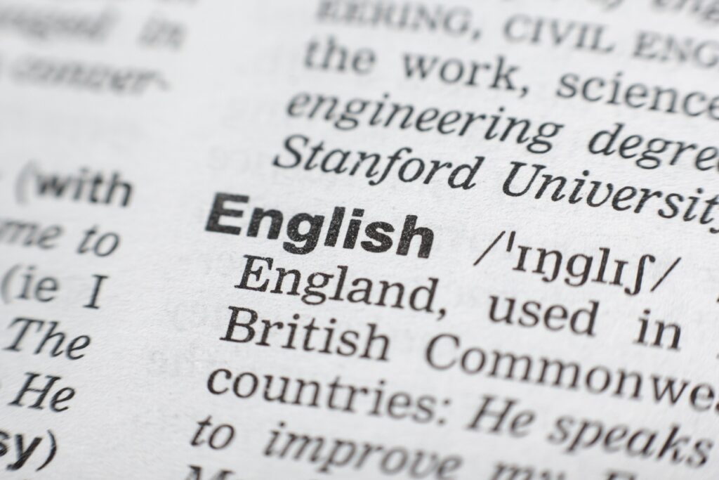 Dictionary definition of the word English. Close-up shot