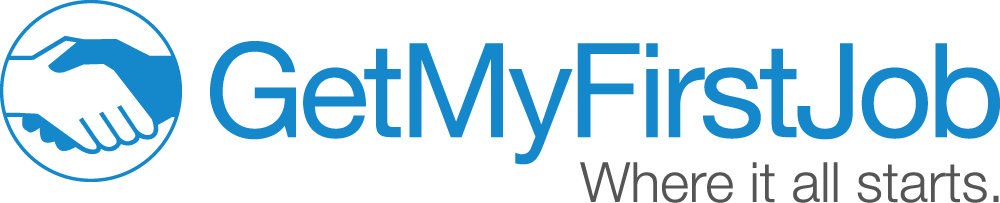 Get my first job logo 2024 Logo reads 'Get My First Job' with strap line 'Where it all starts' and graphic of two hands shaking on the left