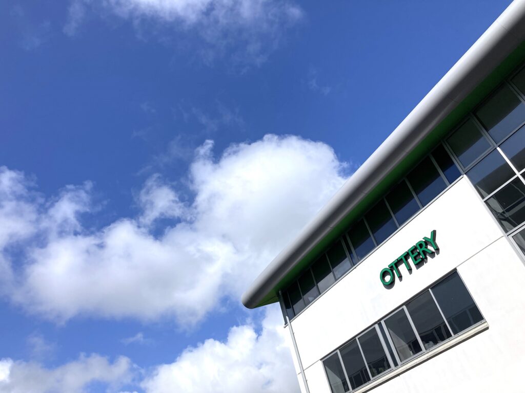 An image of a corner of the STEM and Health Skills Centre in Bodmin, Cornwall with blue sky and white clouds.