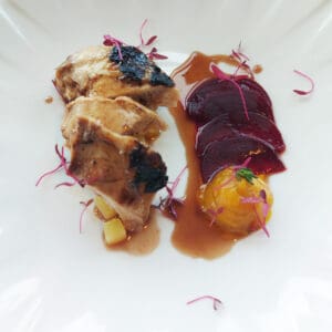 Partridge with a Cornish mead glaze, pumpkin purée and mulled beetroot