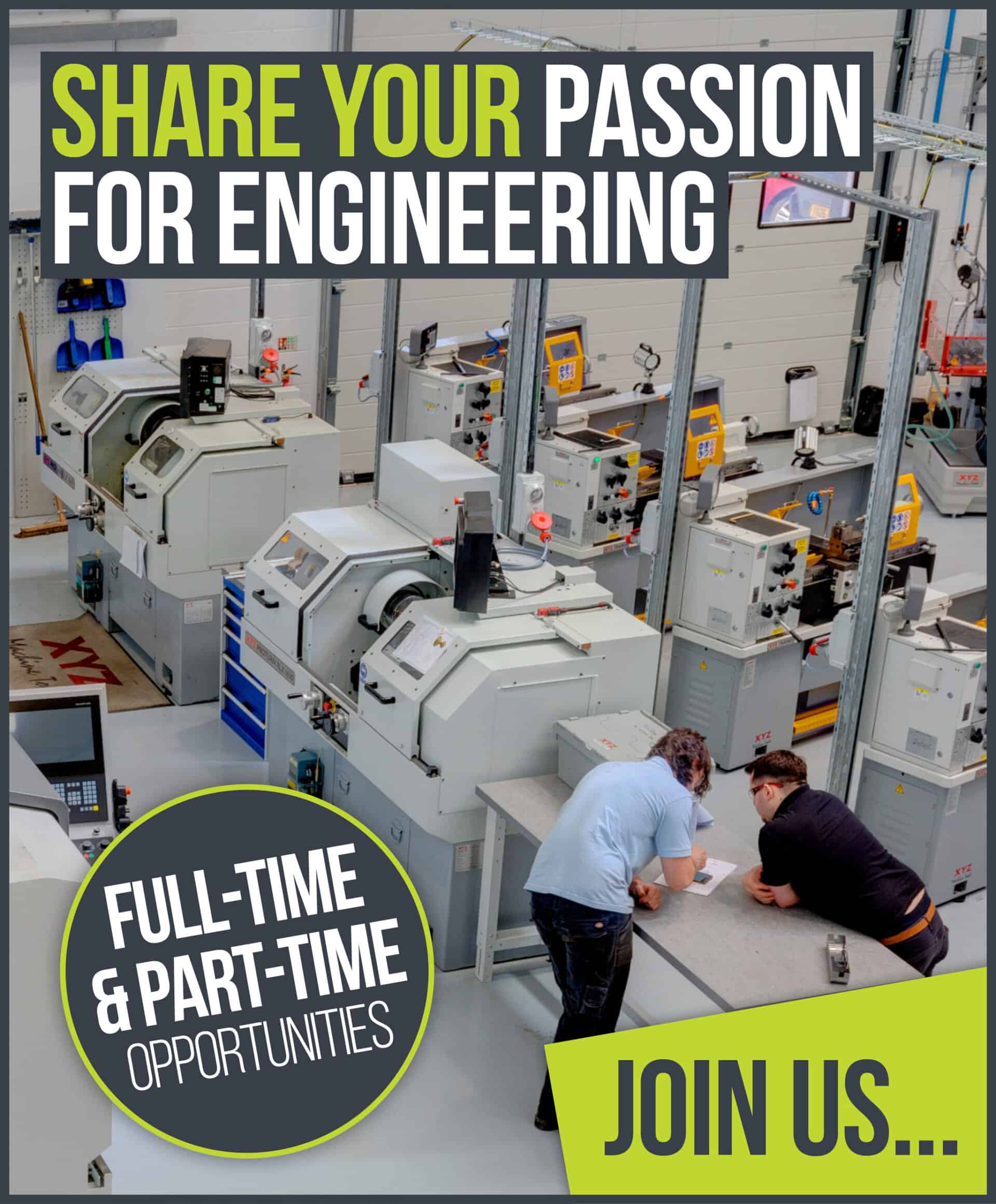 An image of the engineering workshop in the Valency building with text which says 'share your passion for engineering, full-time and part-time opportunities, join us.'