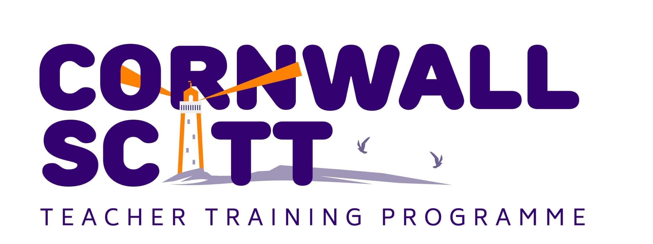 Cornwall Scitt (Main) 2 A Cornwall SCITT logo. The text reads 'Cornwall SCITT, Teacher Training Programme'. The 'i' in SCITT is a lighthouse graphic and the text is purple.