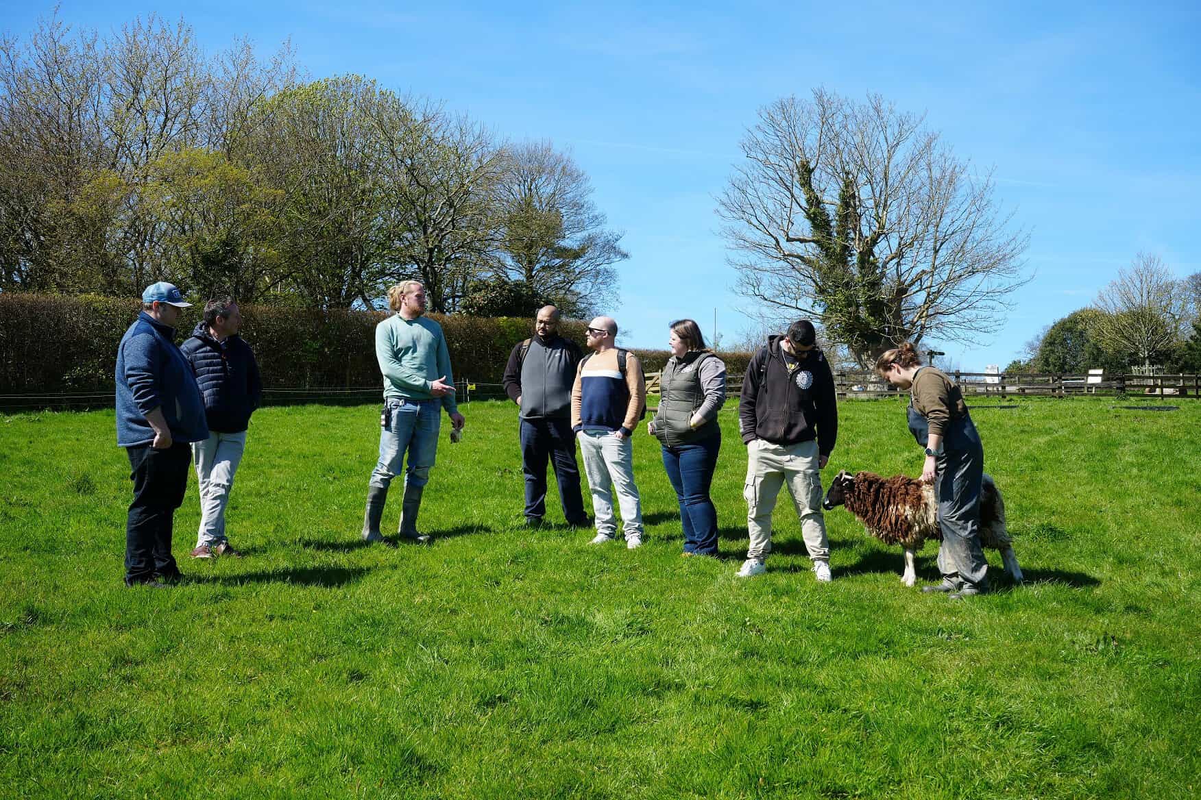 Future Chef Manager participants, stood in a field with a sheep, receiving a talk on sustainable farming