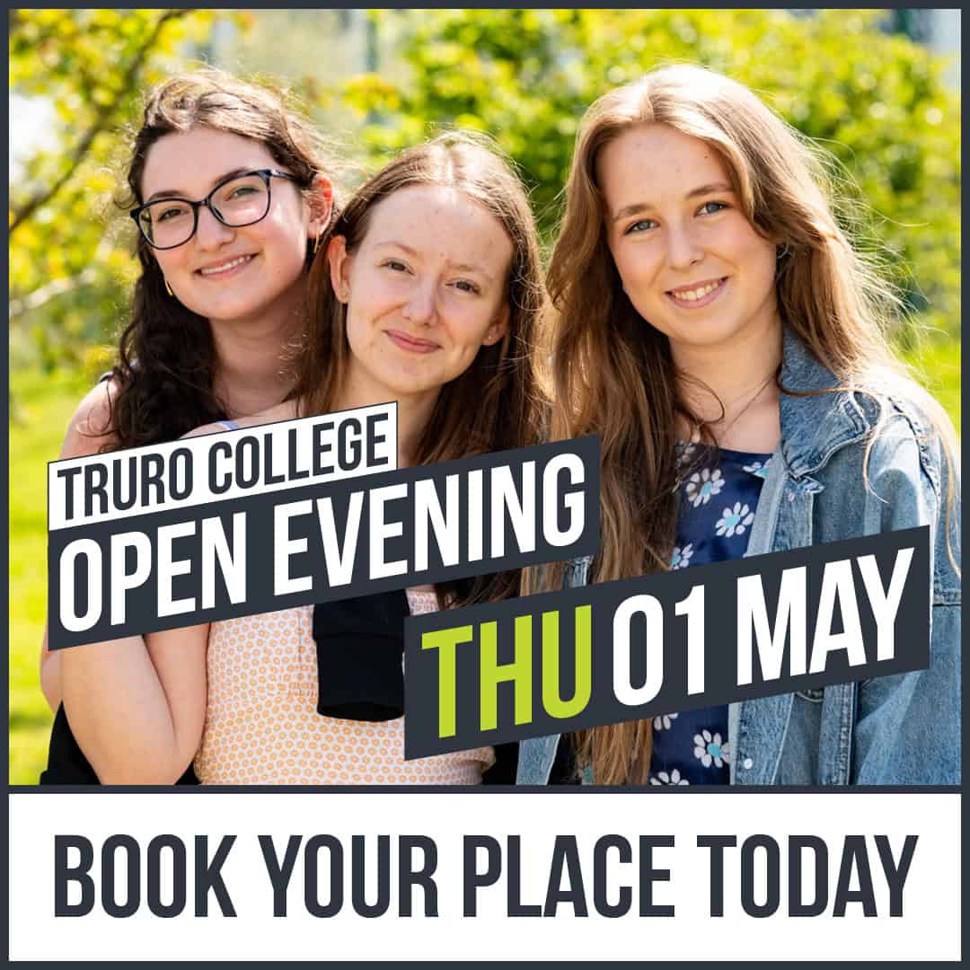 A photo of 3 students smiling at the camera in the sunshine. The text reads Truro College Open Evening Thu 01 May, book your place.