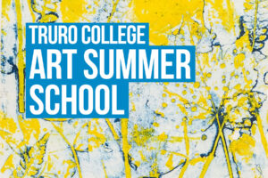 A creative piece of artwork which is yellow and blue. You can see leaf prints. There is bold white writing on a blue background which says 'Truro College Art Summer School'.