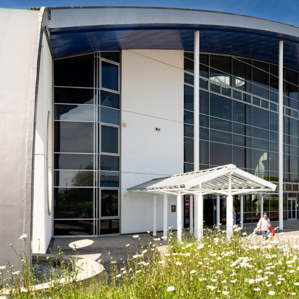 A picture of the outside of the Fal building at Truro College on a sunny day. There are grasses and daisies in the foreground.