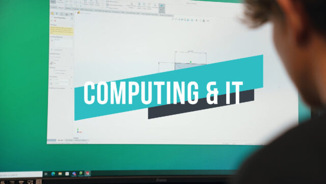 A thumbnail image from the Computing and IT video at Truro and Penwith College. The text says the subject area and there is a computer screen in the background.