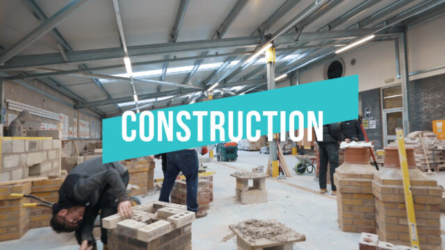 A thumbnail for the construction subject area video at Truro and Penwith College. The title of the subject area is in the centre and you can see students bricklaying in the background.