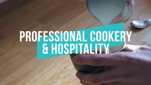 A thumbnail for the subject area Professional Cookery and Hospitality video. The subject area name is in the centre of the screen and the background image is milk being poured into a coffee.