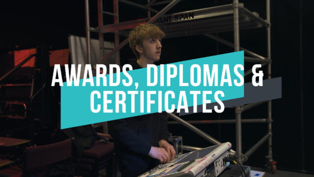 A thumbnail for the Extended Diplomas video. The text reads 'Awards, Diplomas and Certificates' in the centre of the screen and the background image is of a student using sound tech equipment in a studio.