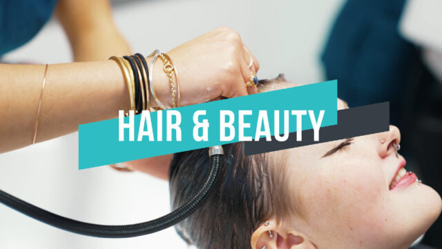 A video thumbnail for the subject area Hair and Beauty. The subject area title is in the middle and the background image is a girl having her hair washed.