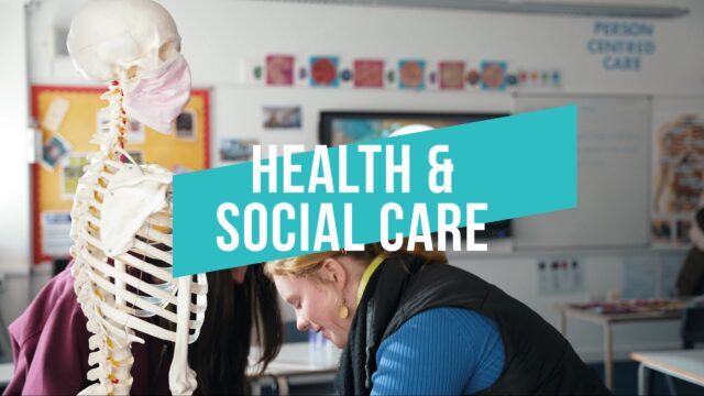 A thumbnail to the Health and Social Care subject area video. The subject name is in the middle of the screen and the background image is of a skeleton and tutor.