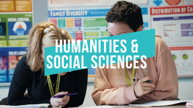 A video thumbnail for Humanities and Social Sciences. The subject area name is in the middle and the background image is two students working at a desk together.