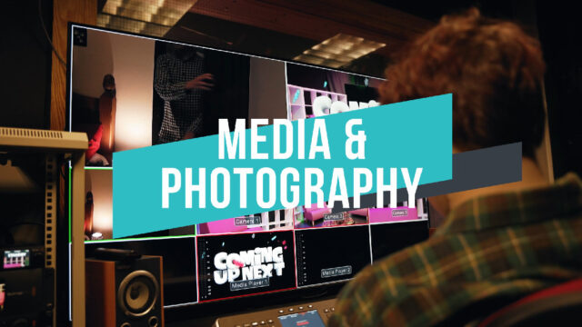 A thumbnail for a subject area video for Media and Photography. The subject name is in the middle of the screen and the background image is of a student editing a video.