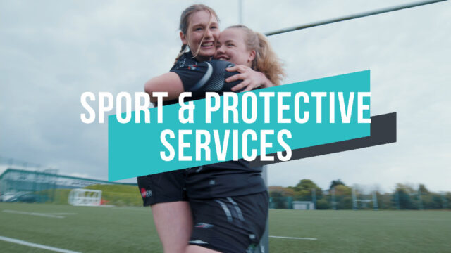 A thumbnail for the Sport and Protective Services video. The subject title is in the centre of the screen and the background image is of two girls hugging on a rugby pitch.