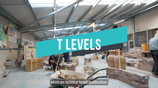 A thumbnail for the T Levels video. The text in the centre of the screen says T Levels and the subtitled text at the bottom says 'which are technical-based qualifications'. The background image is of the bricklaying department.