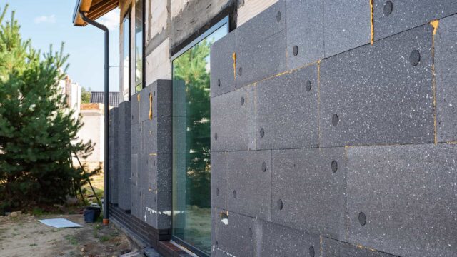 Insulation of the exterior of a house in process of being built.
