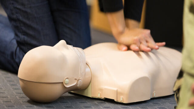 A group of adult education students practitcing CPR chest compressioon on a dummy.