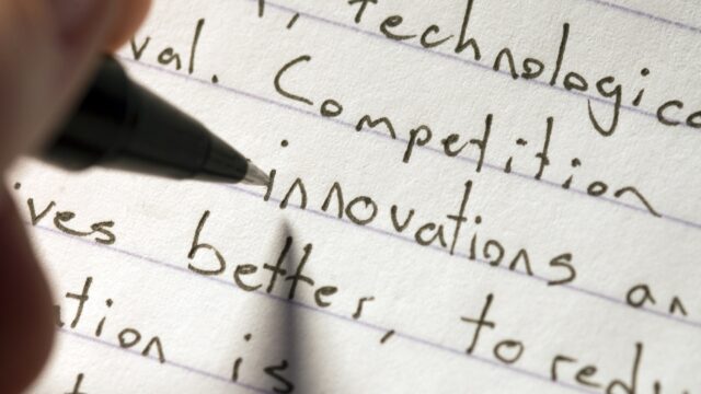 Close-up of writing. Focus is on the word innovations.