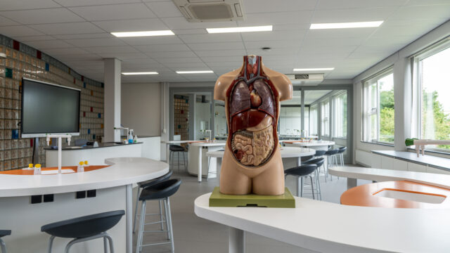 Empty science classroom with Anatomical model.
