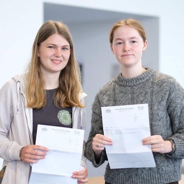 Grace and Martha hold up their results on results day.