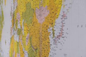 A close up of a world map. Kazakhstan is visible.