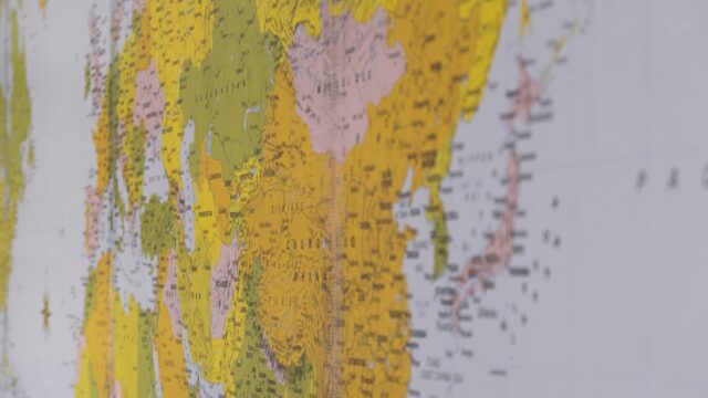 A close up of a world map. Kazakhstan is visible.