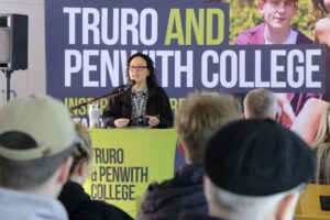 An image of our Apprenticeship Recruitment Coordinator, Tammy McDermott, delivering her Apprenticeship talk in front of an audience at Truro College.