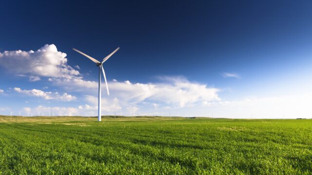 A wind turbine standing in a field. Many more turbines can be seen in the distance.