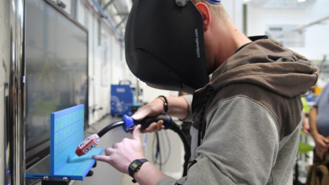 A student taking part in virtual welding.