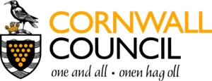 The cornwall council logo. Cornwall is in gold and council is in black. It says one and all, onen hag oll and features a chough to the side.