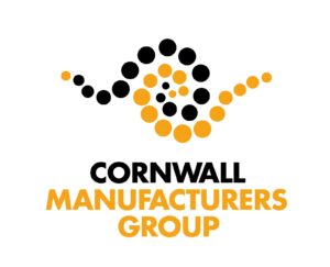 A logo for Cornwall Manufacturers Group. The logo is black and gold and there are dots in a swirl pattern.