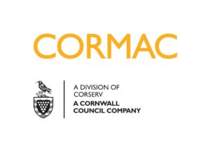 A Cormac logo. The text reads 'Cormac, a division of corserv, a cornwall council company'. There is a crest with a chough on top to the side of the logo.
