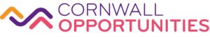 The Cornwall Opportunities logo. It says Cornwall in purple and Opportunities in pink. There is an orange, purple and pink line off to the side.