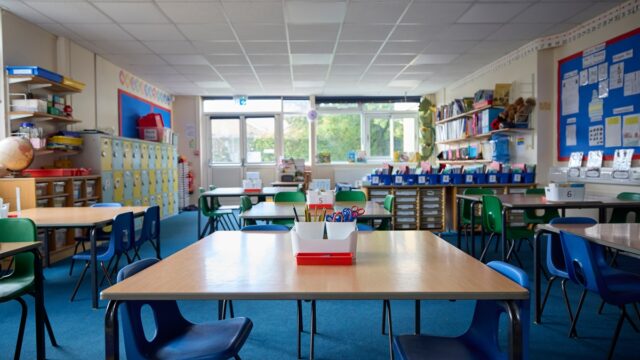 Empty Tables And Chairs In Primary Or Elementary School Classroom