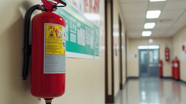 A clean, professional safety campaign poster featuring an emergency exit plan and fire extinguisher visuals.