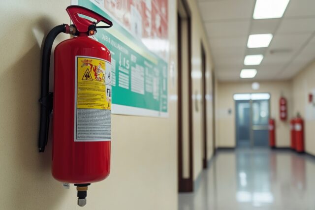 A clean, professional safety campaign poster featuring an emergency exit plan and fire extinguisher visuals.
