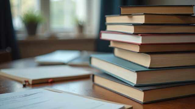 Neatly stacked books form collection on wooden table, alongside open notebooks. Items represent essential training, study, learning resources.