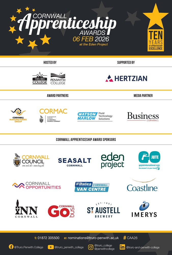 A graphic which shows all of the sponsors for the Cornwall Apprenticeship Awards 2026.