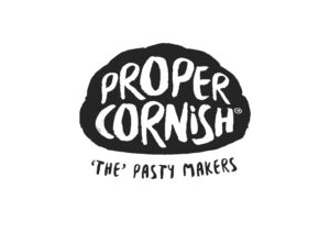 Proper Cornish logo. Inside a black outline of a pasty are the words Proper Cornish. Underneath it says 'The' Pasty Makers.