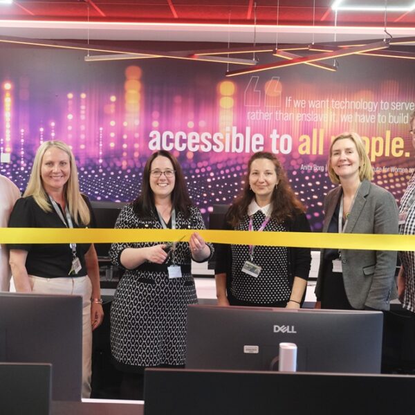 Dr Emily Myatt (Centre), Dean of the University Centre Truro & Penwith with Hayley McKinstry (second left), Director of Business Partnerships and Skills, Adele Bull (second right), Director of People, Culture and Curriculum, Charli Style (third right), Head of Business, Skills and Apprenticeships, flanked by Computing Lecturer Paul Smith and Alex Davies.